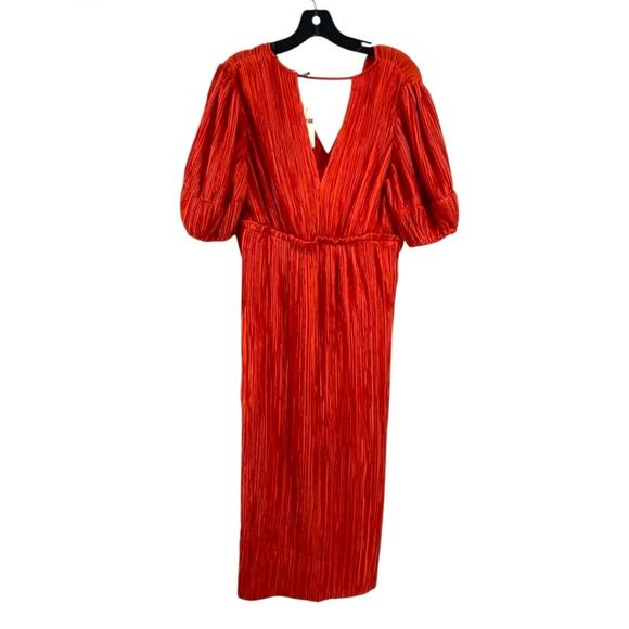 Anthropologie V-Neck Pleated Slim Midi Dress Red Holiday Party Christmas Chic XS - Picture 4 of 5